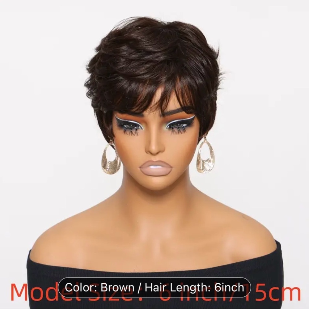 Glueless Pixie Cut Bob Wig Layered Short Wavy  Human Hair Brown Color Remy Hair